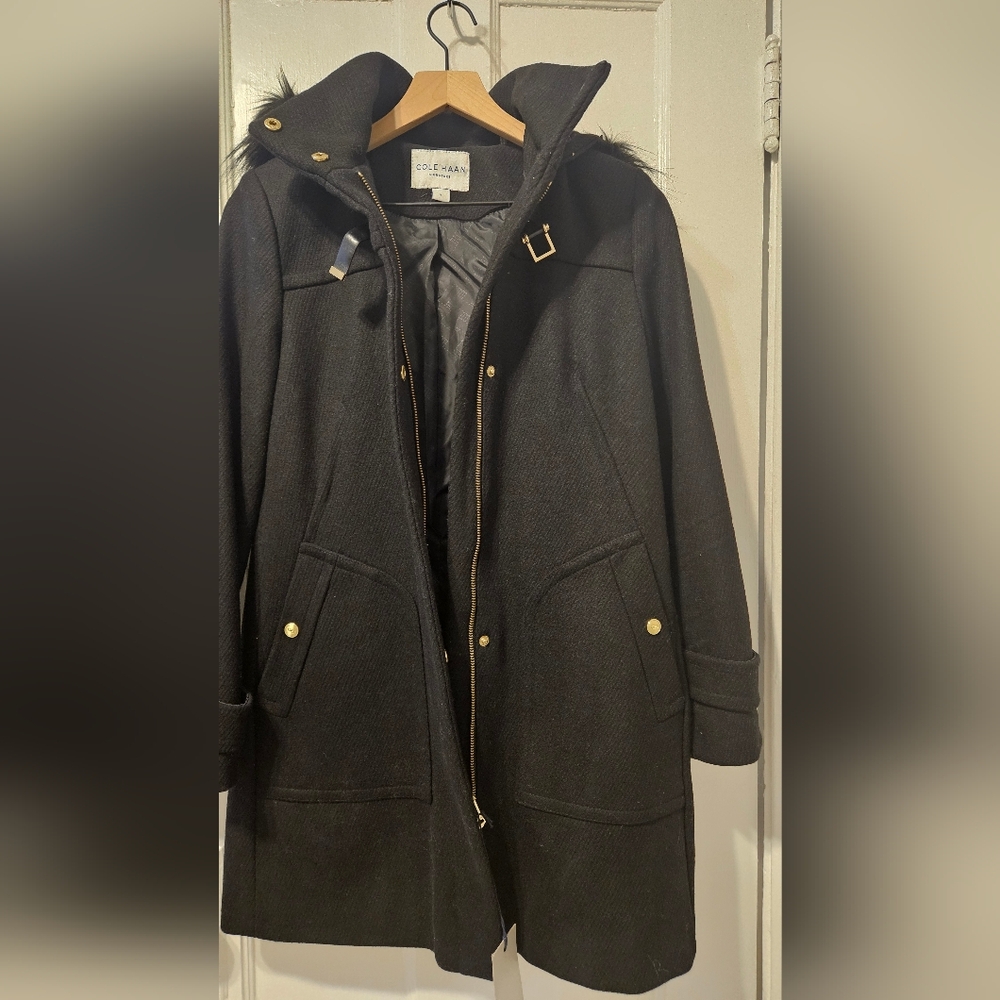 Cole Haan women's wool blend duffle coat with a faux fur trimmed hood
